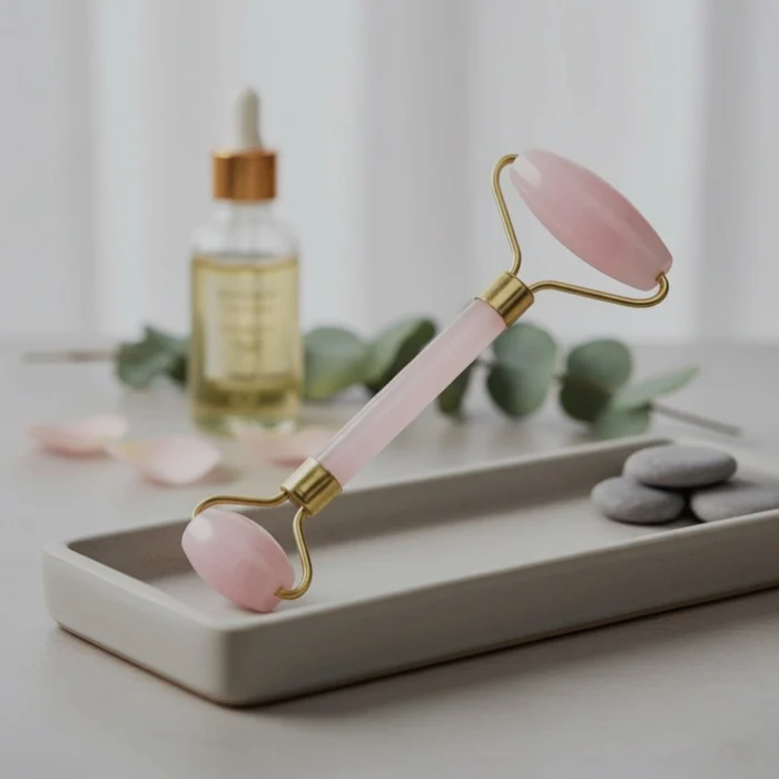 Rolo Duplo Massagem Facial Quartzo Rosa